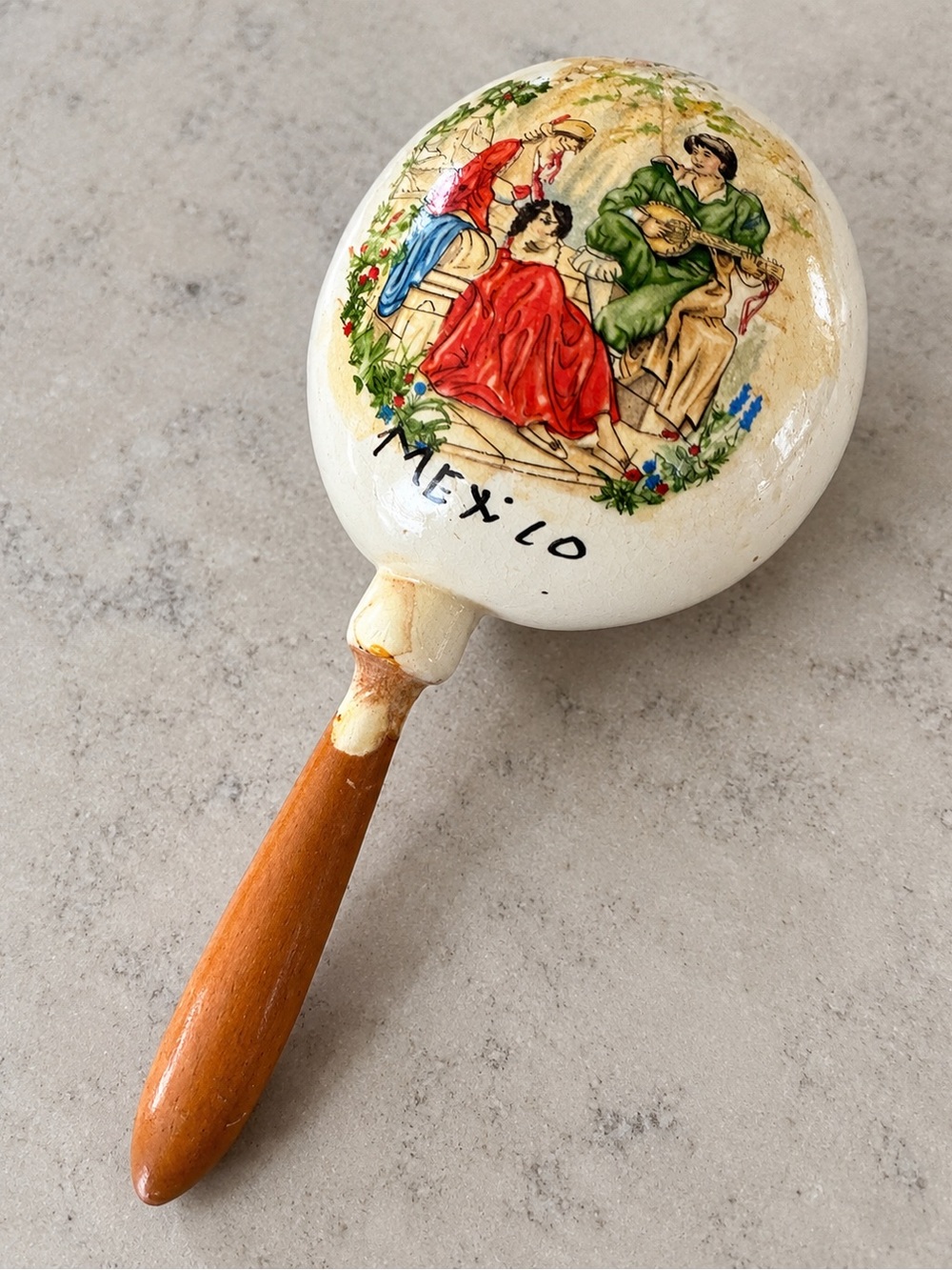 Hand-Painted Mexico Decorative Maraca - White and Brown Bought in Aculpoco!